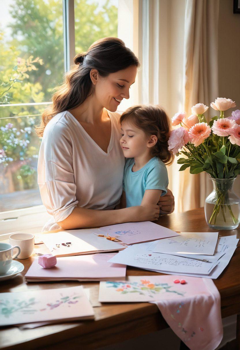 A warm, inviting scene of a mother and child sharing a heartfelt moment, surrounded by soft pastel colors. Incorporate elements like handwritten notes of love and care floating around them, symbolizing emotional connections. The background should feature blooming flowers representing growth and nurturing. Emphasize a cozy, homey atmosphere with sunlight streaming through a window. painting. vibrant colors.