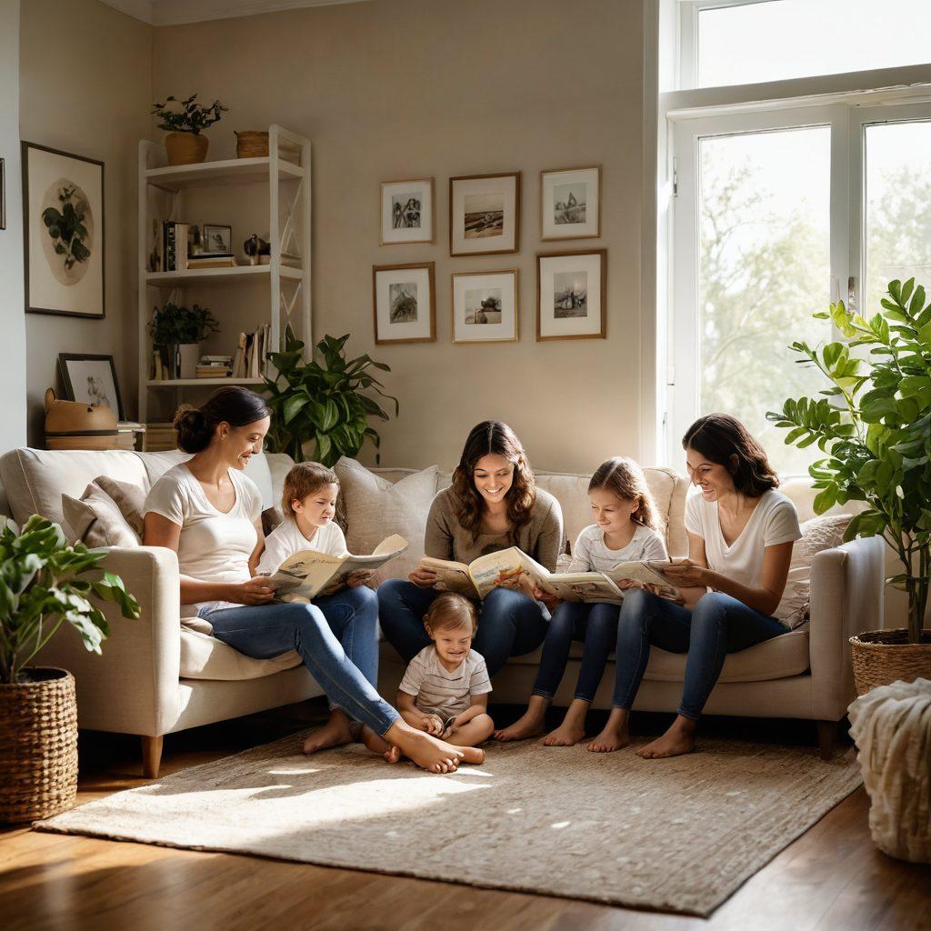 A warm, cozy family scene in a sunlit living room, showcasing parents engaging in supportive activities with their children, such as reading and playing games. The environment radiates love and togetherness, with family photos on the walls and plants adding a natural touch. Children are smiling and curious, reflecting a nurturing atmosphere. The overall color palette is soft and inviting. super-realistic. warm tones. vibrant details.